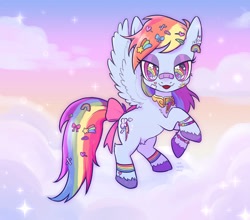 Size: 1280x1127 | Tagged: safe, artist:redapplesnap, derpibooru import, rainbow dash, pegasus, pony, bandaid, bow, element of loyalty, female, flying, looking at you, mare, solo, sticker, tail bow, unshorn fetlocks