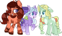 Size: 1280x758 | Tagged: safe, artist:nakkry, derpibooru import, dear darling, fond feather, swoon song, pony, alternate design, base used, bimbettes, simple background, transparent background