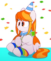 Size: 1457x1729 | Tagged: safe, artist:mochi_nation, derpibooru import, oc, oc only, oc:poneco, pegasus, pony, confetti, female, hat, mare, party hat, sitting, solo