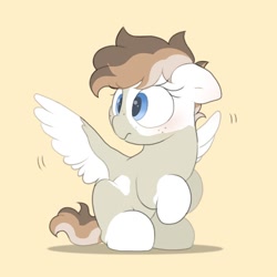 Size: 1500x1500 | Tagged: safe, artist:mochi_nation, derpibooru import, oc, oc only, oc:sunrich maron, pegasus, pony, coat markings, cute, female, mare, simple background, sitting, solo, spread wings, wings, yellow background