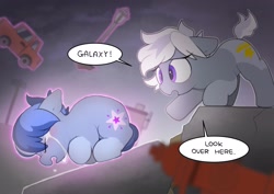 Size: 2048x1446 | Tagged: safe, alternate version, artist:mochi_nation, derpibooru import, oc, oc only, oc:galaxy, oc:silver bolt, earth pony, pony, crying, dialogue, duo, female, levitation, magic, mare, speech bubble, super powers, telekinesis