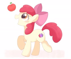 Size: 2048x1707 | Tagged: safe, artist:ginmaruxx, derpibooru import, apple bloom, apple, blushing, female, filly, food, raised hoof, raised leg, solo