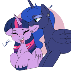 Size: 1200x1198 | Tagged: safe, artist:lulubell, derpibooru import, princess luna, twilight sparkle, twilight sparkle (alicorn), alicorn, biting, blushing, chest fluff, cute, ear bite, ear piercing, earring, female, flustered, jewelry, laughing, lesbian, lunabetes, piercing, shipping, simple background, smiling, twiluna, white background