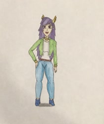 Size: 1905x2273 | Tagged: safe, artist:martialarts2003, derpibooru import, oc, oc:athena (shawn keller), human, clothes, guardians of pondonia, hand on hip, humanized, long hair, pants, purple hair, shirt, smiling, traditional art, two color hair