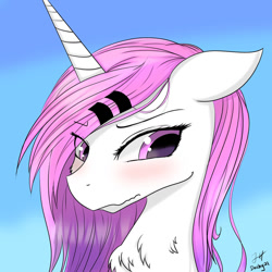 Size: 1024x1024 | Tagged: safe, artist:dashy21, derpibooru import, oc, unicorn, blushing, bust, dashy21, female, hair accessory, portrait, shy, simple background, solo