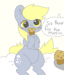 Size: 2019x2379 | Tagged: safe, artist:mushy, derpibooru import, derpy hooves, pegasus, pony, cute, cutie mark, derpabetes, dialogue, food, mouth hold, muffin