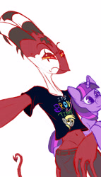 Size: 2499x4356 | Tagged: safe, artist:mixdaponies, derpibooru import, derpy hooves, twilight sparkle, demon, blitzo, clothes, helluva boss, plushie, selfie, shirt, t-shirt, twilight plushie