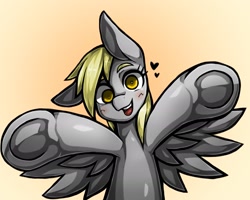 Size: 2205x1764 | Tagged: safe, artist:kyouman1010, derpibooru import, derpy hooves, pegasus, pony, blushing, female, floating heart, frog (hoof), heart, looking at you, mare, open mouth, open smile, outstretched arms, smiling, solo, spread wings, underhoof, wings