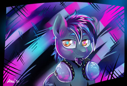 Size: 900x607 | Tagged: safe, artist:avui, derpibooru import, oc, oc:song glow, cyberpunk, headphones, male, solo