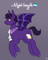 Size: 796x1000 | Tagged: safe, artist:greenarsonist, derpibooru import, oc, oc only, oc:night smyth, bat pony, pony, bat pony oc, bat wings, gay pride flag, male, necktie, pride, pride flag, solo, spread wings, wings