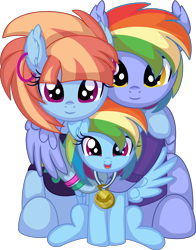 Size: 6312x8041 | Tagged: safe, artist:cyanlightning, derpibooru import, bow hothoof, rainbow dash, windy whistles, pegasus, pony, .svg available, absurd resolution, bowabetes, clothes, cute, dashabetes, ear fluff, ear piercing, earring, ears, family, father and child, father and daughter, female, filly, filly rainbow dash, folded wings, happy, hug, husband and wife, jewelry, looking at you, male, mare, married couple, medal, mother and child, mother and daughter, parent and child, piercing, simple background, smiling, spread wings, stallion, transparent background, vector, windybetes, winghug, wings, young, younger