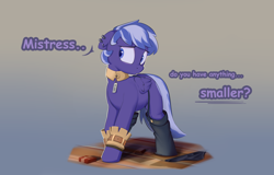 Size: 3900x2500 | Tagged: safe, artist:imadeoos, derpibooru import, oc, oc only, oc:night sky, pegasus, pony, clothes, collar, ear piercing, female, gradient background, high res, mare, name tag, oversized clothes, pegasus oc, piercing, solo, stockings, talking, thigh highs