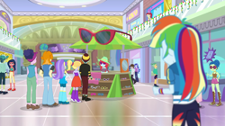 Size: 1920x1079 | Tagged: safe, derpibooru import, screencap, aqua blossom, blueberry cake, cloudy kicks, coral pink, desert sage, princess luna, rainbow dash, rose heart, valhallen, vice principal luna, better together, equestria girls, holidays unwrapped, dashing through the mall