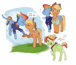 Size: 4096x3482 | Tagged: safe, artist:cass_a_rollie, derpibooru import, applejack, rainbow dash, oc, oc:zap apple, earth pony, pegasus, pony, the last problem, alternate clothes, appledash, badge, bandana, blank flank, blouse, blushing, boop, braided tail, clothes, cloud, dialogue, digital art, eye clipping through hair, eyebrows, eyebrows visible through hair, eyes closed, falling leaves, female, filly, floating, flying, foal, folded wings, freckles, granny smith's shawl, grass, hair bun, hat, heart, high res, hoof touching, hug, jacket, lesbian, looking back, magical lesbian spawn, mare, midair, multicolored mane, multicolored tail, offspring, older, older applejack, older rainbow dash, open mouth, open smile, parent:applejack, parent:rainbow dash, parents:appledash, pegasus oc, ponytail, raised hoof, raised leg, shipping, shirt, short hair, side by side, simple background, sky, smiling, spread wings, standing, sweater, touching hooves, trio, trio female, turtleneck, unshorn fetlocks, vignette, wall of tags, white background, winghug, wings