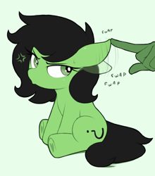 Size: 1246x1418 | Tagged: safe, alternate version, artist:shinodage, oc, oc only, oc:anon filly, earth pony, human, pony, angry, annoyed, cross-popping veins, cute, ear play, ears, female, filly, floppy ears, hand, looking at something, looking back, madorable, offscreen character, offscreen human, onomatopoeia, pouting, simple background, sitting, underhoof