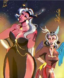 Size: 540x653 | Tagged: safe, artist:darksinfonic, derpibooru import, discord, eris, lady tirek, lord tirek, human, breasts, busty eris, busty lady tirek, cleavage, clothes, dress, female, grin, hand on hip, height difference, horn, horned humanization, humanized, lesbian, looking at each other, male, rule 63, scorpan's necklace, shipping, smiling, stupid sexy discord, stupid sexy tirek, tattoo, tirekcord, winged humanization, wings