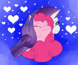 Size: 2136x1768 | Tagged: safe, artist:da_space_kase, artist:katsaka, artist:spacekase, derpibooru import, pinkie pie, rarity, earth pony, unicorn, bisexual, blushing, bust, eyes closed, fanart, female, lesbian, mare, my little pony, raripie, shipping, smiling