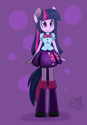 Size: 500x714 | Tagged: safe, artist:heartbeat420, derpibooru import, twilight sparkle, equestria girls, cute, female, long hair, ponied up, pony ears, purple background, signature, simple background, solo