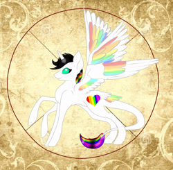 Size: 1977x1937 | Tagged: safe, artist:byemyfriends, derpibooru import, oc, oc:lightning bliss, alicorn, pony, abstract background, alicorn oc, colored wings, female, horn, mare, multicolored wings, rainbow wings, raised hoof, raised leg, solo, wings