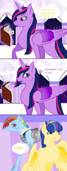 Size: 830x2127 | Tagged: safe, artist:byemyfriends, derpibooru import, rainbow dash, twilight sparkle, twilight sparkle (alicorn), oc, oc:honeydew feather, alicorn, pegasus, pony, comic, dialogue, eye scar, female, mare, offspring, parent:flash sentry, parent:twilight sparkle, parents:flashlight, scar, wings