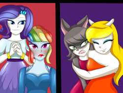 Size: 1024x768 | Tagged: safe, artist:hwers, derpibooru import, rainbow dash, rarity, anthro, equestria girls, angry, animaniacs, annoyed, blushing, bracelet, bust, clothes, dress, female, hape, hug, jewelry, latex dress, lipstick, makeup, personal space invasion, red lipstick, smiling, tomboy taming