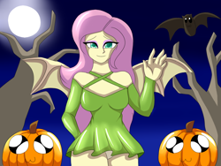 Size: 1024x768 | Tagged: safe, artist:hwers, derpibooru import, fluttershy, bat, bat pony, equestria girls, bat ponified, clothes, equestria girls-ified, female, flutterbat, full moon, halloween, holiday, jack-o-lantern, moon, night, pumpkin, race swap, skirt, smiling, solo, spread wings, tree, waving, wings