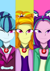 Size: 1240x1748 | Tagged: safe, artist:hwers, derpibooru import, adagio dazzle, aria blaze, sonata dusk, equestria girls, bust, clothes, female, gem, jewelry, necklace, one eye closed, siren gem, smiling, the dazzlings, wink