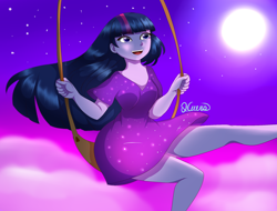 Size: 2048x1556 | Tagged: safe, artist:hwers, derpibooru import, twilight sparkle, equestria girls, clothes, cloud, dress, female, full moon, moon, night, open mouth, outdoors, smiling, solo, stars, swing