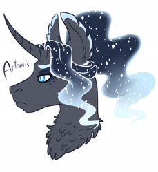 Size: 1878x2048 | Tagged: safe, alternate version, artist:eperyton, derpibooru import, oc, oc only, oc:artemis, bust, chest fluff, curved horn, ear fluff, ears, ethereal mane, frown, horn, interspecies offspring, offspring, parent:oc:daedalus ravenwing, parent:princess luna, parents:canon x oc, simple background, solo, starry mane, white background