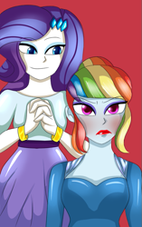 Size: 467x745 | Tagged: safe, artist:hwers, derpibooru import, edit, rainbow dash, rarity, equestria girls, alternate hairstyle, annoyed, blushing, bracelet, bust, clothes, cropped, dress, female, jewelry, latex dress, lipstick, makeup, rainbow dash always dresses in style, red lipstick, smiling, tomboy taming