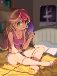 Size: 967x1290 | Tagged: safe, artist:tinybenz, derpibooru import, sci-twi, sunset shimmer, twilight sparkle, equestria girls, barefoot, bed, bookshelf, breasts, cleavage, clothes, cute, fan, feet, female, human coloration, implied lesbian, implied scitwishimmer, implied shipping, midriff, open mouth, pillow, poster, shimmerbetes, shorts, sitting, sleeveless, solo, sweat, tanktop