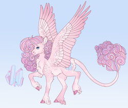 Size: 2700x2278 | Tagged: safe, artist:bluet0ast, derpibooru import, oc, oc only, alicorn, pony, alicorn oc, blue background, chest fluff, colored hooves, female, hoof fluff, horn, magical lesbian spawn, mare, offspring, parent:pinkie pie, parent:princess celestia, parents:pinkielestia, raised hoof, raised leg, simple background, solo, wings