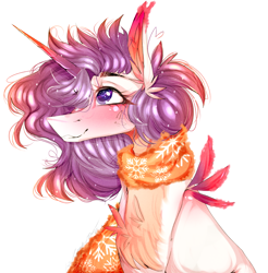 Size: 1968x2000 | Tagged: safe, artist:chrysgalaxy, derpibooru import, oc, oc only, pony, unicorn, blushing, bust, chest fluff, clothes, ear fluff, ears, eyelashes, hair over one eye, horn, scarf, simple background, smiling, solo, unicorn oc, white background