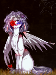 Size: 1500x2000 | Tagged: safe, artist:chrysgalaxy, derpibooru import, oc, oc only, pegasus, pony, female, flower, hanahaki disease, mare, one wing out, pegasus oc, sitting, solo, wings