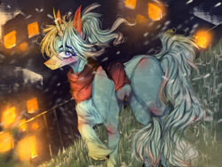 Size: 2000x1500 | Tagged: safe, artist:chrysgalaxy, derpibooru import, oc, oc only, pony, unicorn, clothes, female, grass, hoof fluff, horn, mare, outdoors, raised hoof, raised leg, scarf, snow, solo, unicorn oc