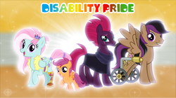 Size: 5360x3009 | Tagged: safe, artist:andoanimalia, derpibooru import, fizzlepop berrytwist, kerfuffle, scootaloo, stellar eclipse, tempest shadow, pegasus, pony, unicorn, absurd resolution, broken horn, disability, disability pride, female, filly, grin, horn, looking at you, male, mare, open mouth, open smile, smiling, smiling at you, stallion