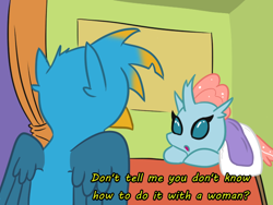 Size: 600x451 | Tagged: safe, artist:jargon scott, derpibooru import, gallus, ocellus, changedling, changeling, griffon, :o, blanket, dialogue, duo, female, male, text