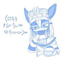 Size: 514x483 | Tagged: safe, artist:jargon scott, derpibooru import, oc, oc only, oc:mummy pone, earth pony, pony, bluescale, egyptian, female, gibberish, hieroglyphics, hoof on chin, looking at you, mare, monochrome, mummy, simple background, solo, translated in the comments, white background