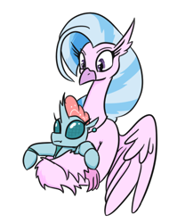 Size: 369x463 | Tagged: safe, artist:jargon scott, derpibooru import, ocellus, silverstream, changedling, changeling, classical hippogriff, hippogriff, duo, female, holding a changeling, hug, simple background, white background