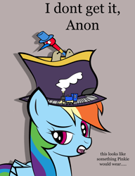 Size: 2411x3144 | Tagged: safe, artist:vareb, derpibooru import, rainbow dash, pegasus, pony, black outlines, close-up, confused, hat, implied anon, looking to side, looking to the left, solo, text, toy, train