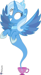 Size: 4000x7190 | Tagged: safe, alternate version, artist:melisareb, derpibooru import, idw, trixie, alicorn, genie pony, pony, reflections, spoiler:comic, .svg available, absurd resolution, alicornified, crown, cup, eyeshadow, female, genie, geniefied, glowing eyes, idw showified, jewelry, makeup, mare, princess of humility, race swap, regalia, simple background, smiling, solo, teacup, transparent background, trixiecorn, vector, wings, xk-class end-of-the-world scenario