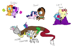 Size: 1280x800 | Tagged: safe, artist:doodletheexpoodle, derpibooru import, discord, doctor whooves, flim, starlight glimmer, sunburst, trixie, twilight sparkle, twilight sparkle (alicorn), zecora, alicorn, draconequus, pony, blanket, blushing, blushing profusely, book, bookhorse, chibi, cider, crack shipping, cute, diatrixes, female, flixie, heart, male, running, shipping, simple background, starwhooves, straight, twiburst, white background, zecord