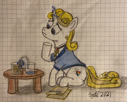 Size: 3024x2432 | Tagged: safe, derpibooru import, oc, oc:guiding light, unicorn, beaker, chemistry, glowing horn, graph paper, horn, magic, magic aura, purification, sitting, solo, table, traditional art, water