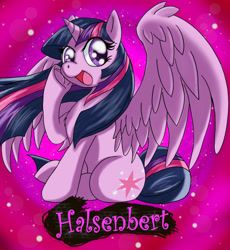 Size: 1280x1394 | Tagged: safe, artist:halsenbert, derpibooru import, twilight sparkle, twilight sparkle (alicorn), alicorn, pony, abstract background, female, happy, mare, open mouth, sitting, solo