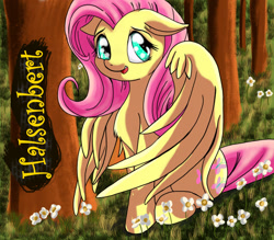 Size: 1280x1122 | Tagged: safe, artist:halsenbert, derpibooru import, fluttershy, pegasus, pony, cute, ears, female, floppy ears, flower, forest, mare, shyabetes, sitting, solo