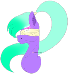 Size: 3528x3884 | Tagged: safe, artist:chazmazda, derpibooru import, oc, pony, bandage, bust, flatcolour, green hair, long hair, payment art, photo, ponytail, portrait, present, sad, scar, solo, transparent, unamused, upset