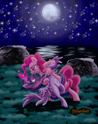 Size: 1183x1493 | Tagged: safe, artist:halsenbert, derpibooru import, pinkie pie, twilight sparkle, twilight sparkle (alicorn), alicorn, earth pony, pony, belly button, bipedal, dancing, female, full moon, glowing horn, horn, lesbian, looking at each other, moon, night, shipping, twinkie