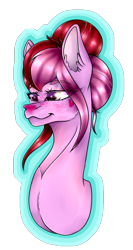 Size: 506x948 | Tagged: safe, artist:chazmazda, derpibooru import, oc, pony, blushing, bun, bust, coat markings, flatcolour, freckles, hair bun, happy, highlight, highlighted, highlights, outline, photo, portrait, prize, shade, shading, smiling, solo, transparent