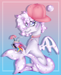 Size: 1515x1851 | Tagged: safe, artist:chazmazda, derpibooru import, oc, pony, shark, accessories, cap, commission, commissions open, drink, fangs, food, gradient background, happy, hat, highlight, highlighted, highlights, jelly, jewelry, necklace, photo, pink, pink lemonade (r63), sanpback, shade, shading, sitting, smiling, solo, straw, tail, umbrella, wings