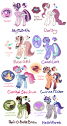 Size: 1767x3300 | Tagged: safe, artist:polymercorgi, derpibooru import, oc, oc only, oc:comet lark, oc:darling, oc:gambol spectrum, oc:heartthrob, oc:port-o-bella brew, oc:rose gold, oc:sky twinkle, oc:sunrise flicker, alicorn, earth pony, pegasus, pony, unicorn, cloven hooves, female, glasses, magical lesbian spawn, magical parthenogenic spawn, mare, offspring, parent:applejack, parent:fluttershy, parent:pinkie pie, parent:prince blueblood, parent:princess cadance, parent:rainbow dash, parent:rarity, parent:sci-twi, parent:shining armor, parent:starlight glimmer, parent:sunset shimmer, parent:trixie, parent:trouble shoes, parent:twilight sparkle, parent:unknown, parents:pinkiedash, parents:rariblood, parents:scitwishimmer, parents:shiningcadance, parents:startrix, parents:troubleshy